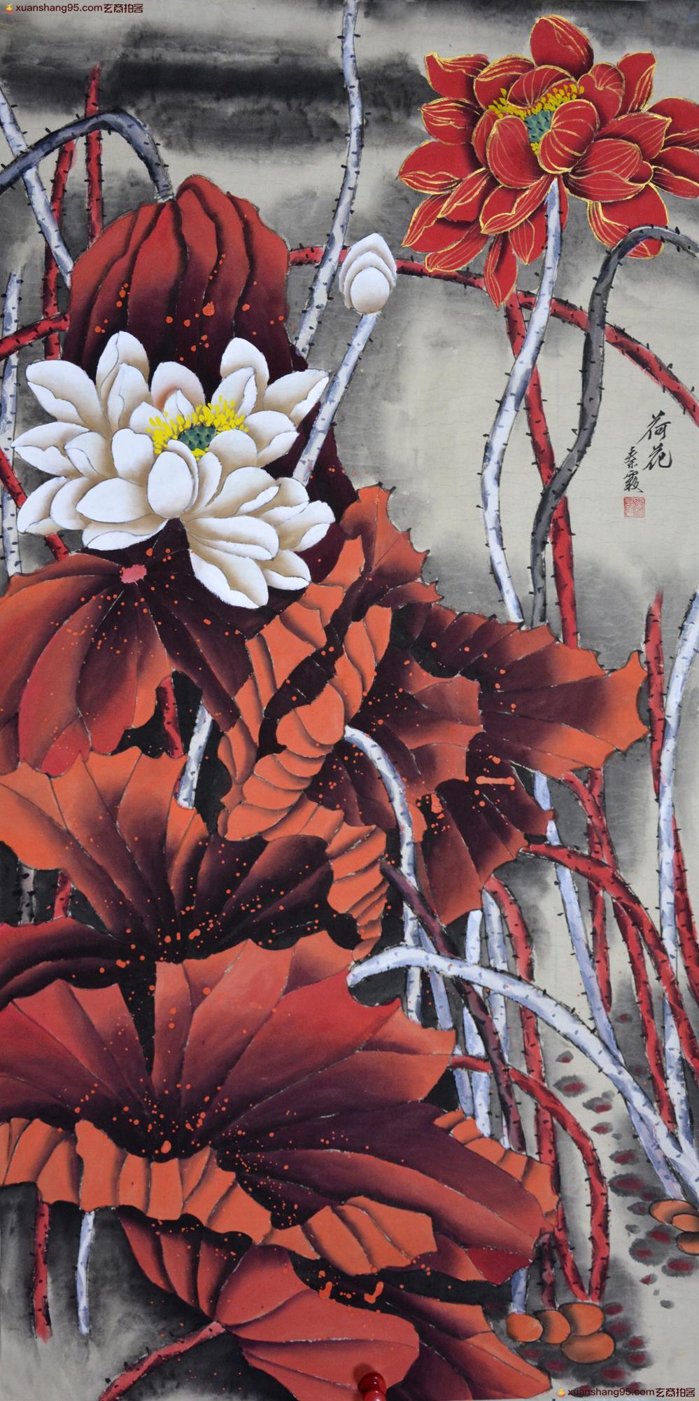 著名 秦霞《花鸟荷花》